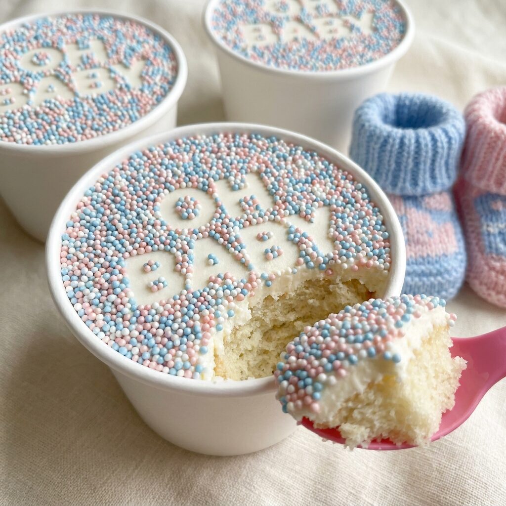 Blue and pink sprinkle dot cake in a white cup spelling oh baby, beside knitted booties