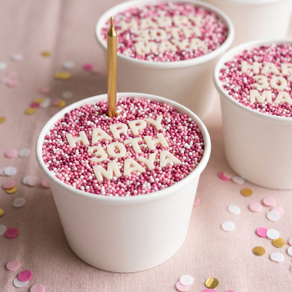 Pink sprinkle dot cake in a white cup spelling happy 30th Maya, with a gold candle