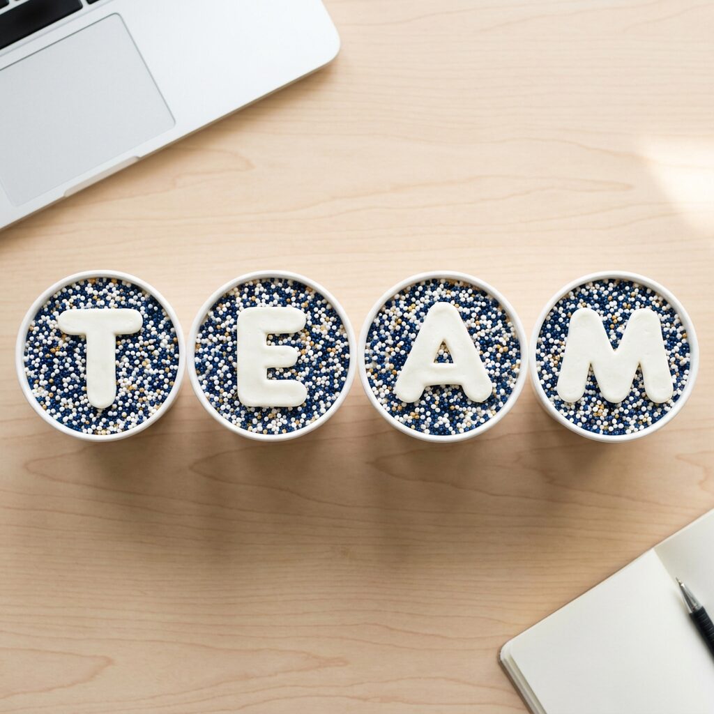 Four navy sprinkle dot cakes in white cups, one letter each, spelling team