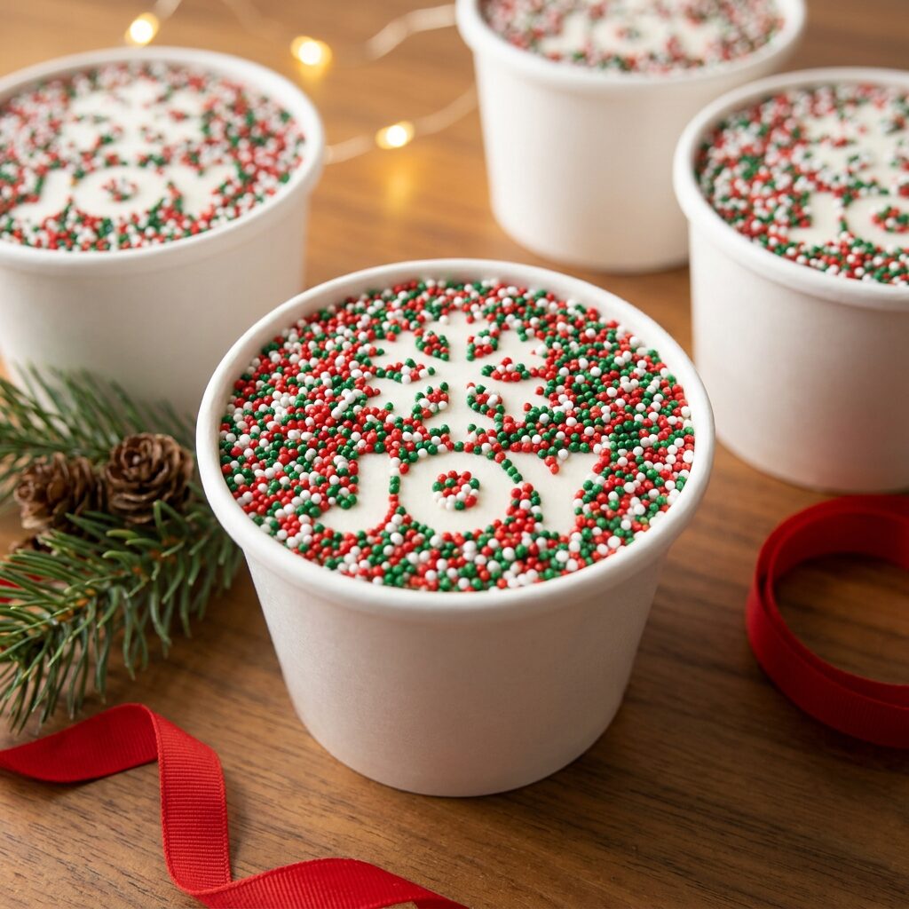 Red and green sprinkle dot cake in a white cup with a snowflake and the word joy