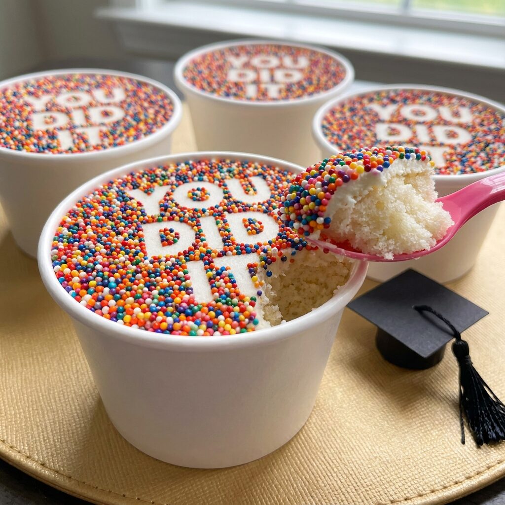 Rainbow sprinkle dot cake in a white cup spelling you did it, with a spoonful scooped out