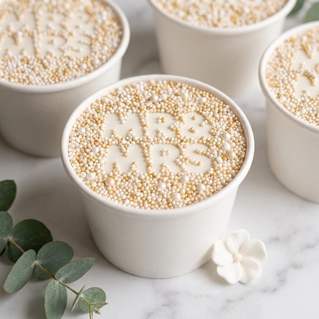 Ivory and gold sprinkle dot cake in a white cup spelling Mr and Mrs, with a sugar flower