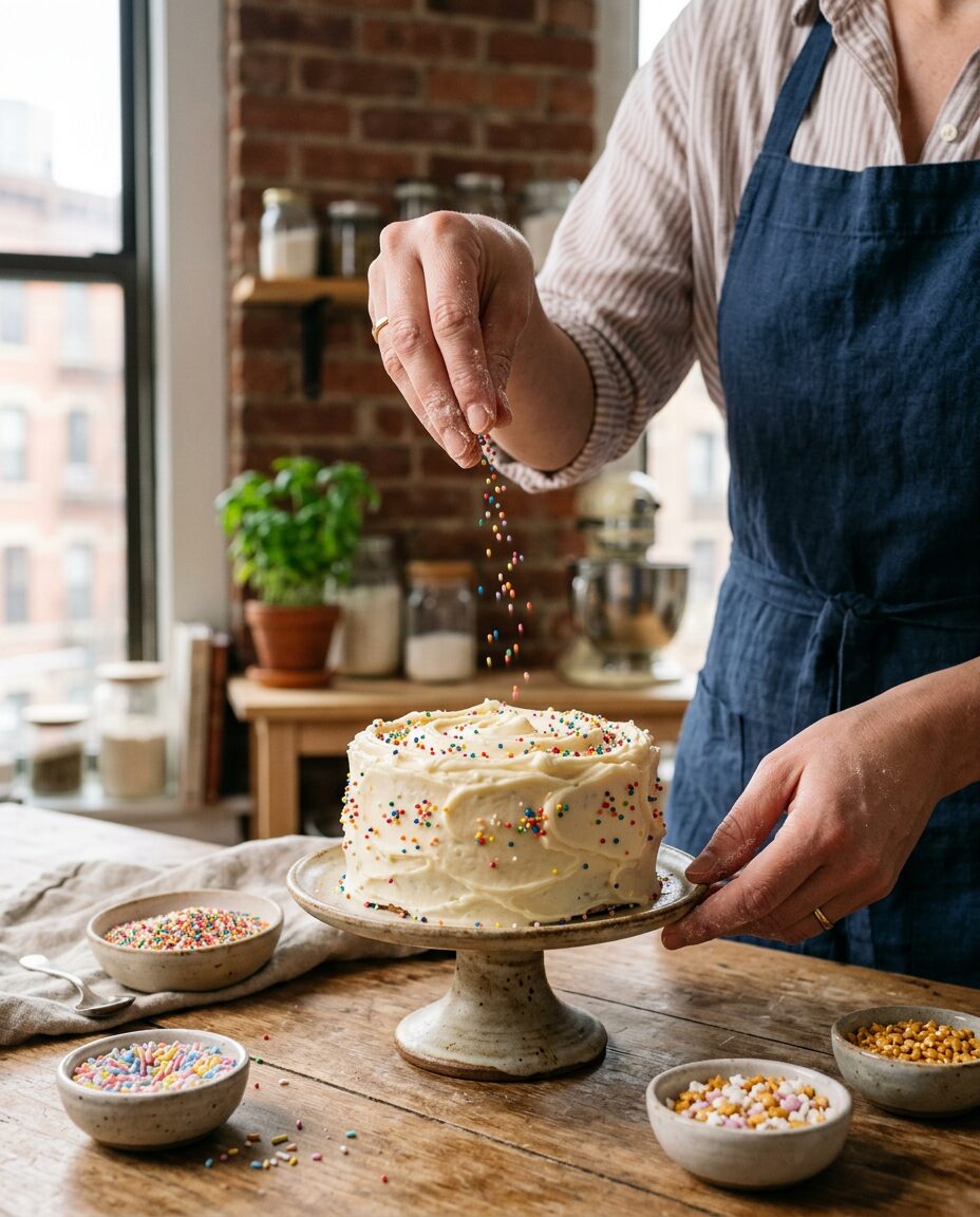 Jill sprinkling colorful nonpareils over a frosted cake in her New York kitchen